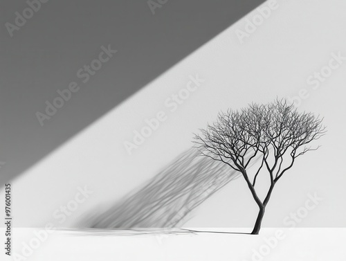 A lone tree silhouette with angular branches, casting a sharp shadow on a simple, white background tree silhouette, shadow, minimalist