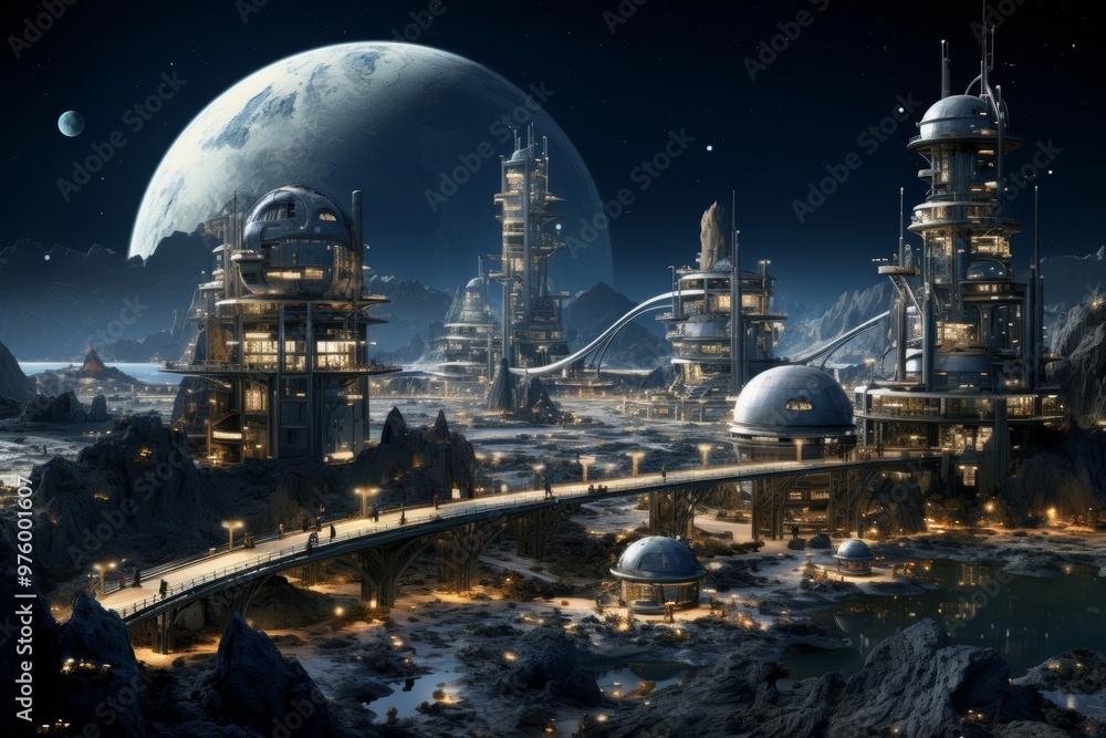 A dynamic illustration of a lunar colony with habitats under a domed moon sky A dynamic illustration of a lunar colony with habitats under a domed moon sky