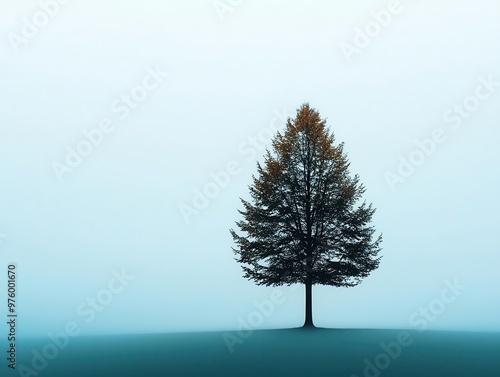 A lone tree in silhouette, casting a soft shadow across a foggy landscape, in minimalist style tree silhouette, shadow, minimalist fog
