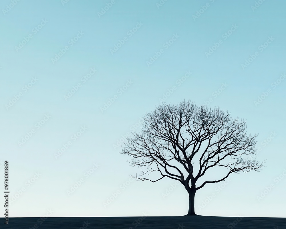 Fototapeta premium A bare tree with twisted branches in silhouette, casting a delicate shadow on a flat, open field bare tree, shadow, minimalist landscape