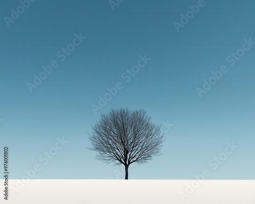 A silhouette of a tree with sparse leaves, casting a soft shadow on an empty field under a clear sky tree silhouette, shadow, minimalist