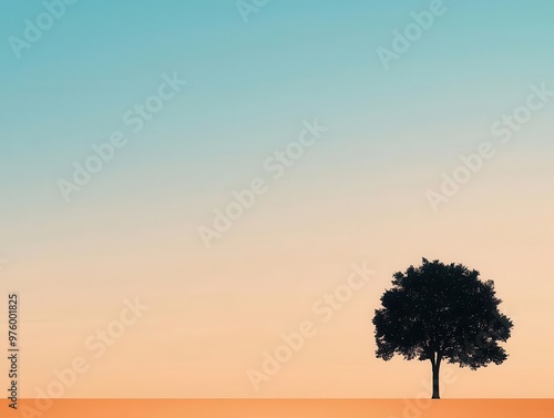 A tree silhouette at dusk, with a long, soft shadow extending into the distance on a flat plain tree silhouette, shadow, minimalist