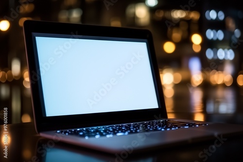 Laptop in a dark room illuminated by soft ambient light focused and intense atmosphere