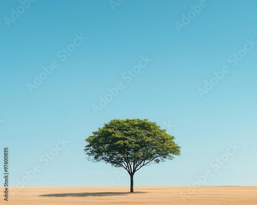 A silhouette of a tree with sparse leaves, casting a soft shadow on an empty field under a clear sky tree silhouette, shadow, minimalist
