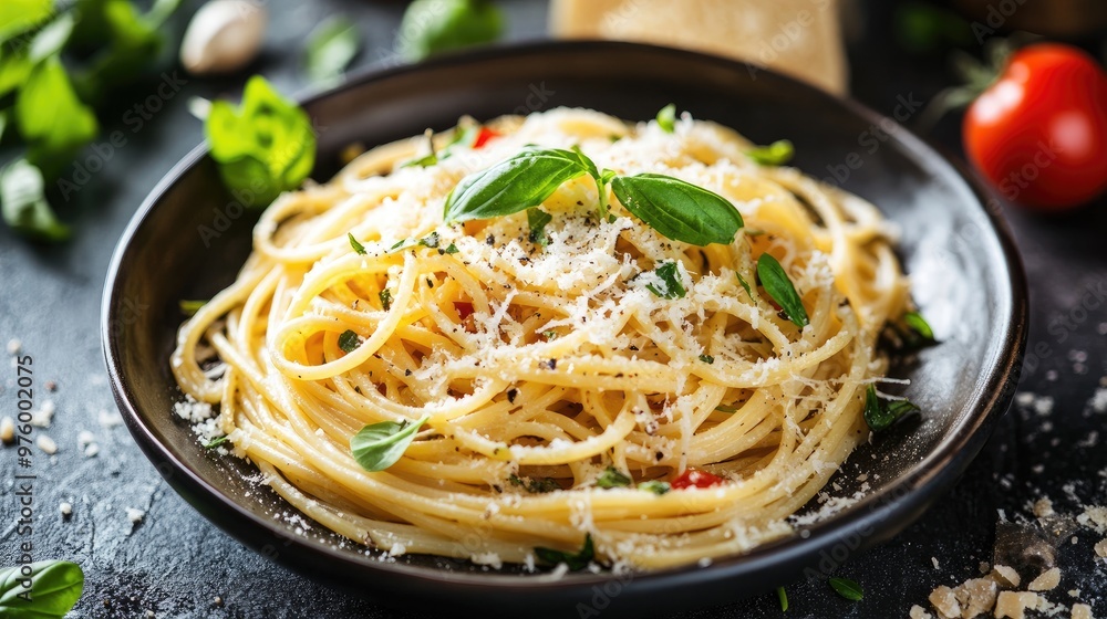 Gourmet pasta dish topped with fresh herbs and parmesan. Italian food menu. Pasta banner Gourmet pasta dish topped with fresh herbs and parmesan. Italian food menu. Pasta banner