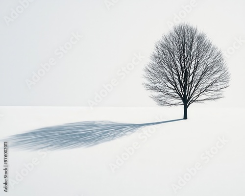 A single tree silhouette in the middle of a snow-covered field, with its shadow stretching out in soft curves tree silhouette, shadow, minimalist winter