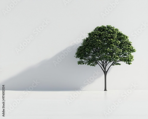 A single tree silhouette against a white backdrop, its shadow forming clean, geometric shapes tree silhouette, shadow, minimalist
