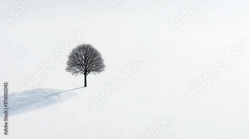 A solitary tree silhouette standing tall against a white background, casting a long, minimalist shadow tree silhouette, shadow, minimalist