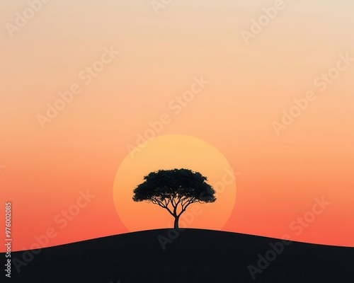 A lone tree silhouette against a sunset, its shadow stretching out across a minimalist landscape sunset tree, shadow, minimalist
