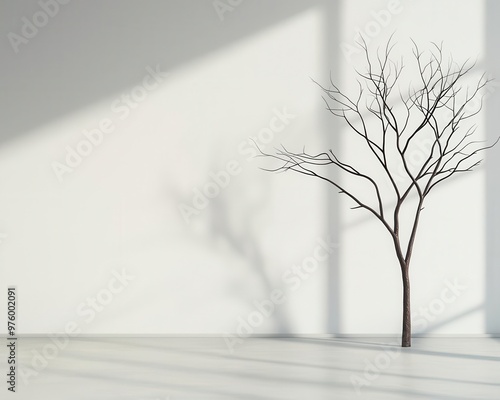 A simple tree silhouette with no leaves, its branches creating intricate shadow designs on a smooth surface tree silhouette, shadow, minimalist