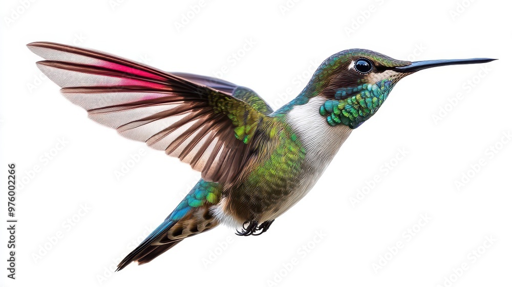 Fototapeta premium ethereal hummingbird frozen midflight against white background iridescent feathers catching light wings a blur of motion delicate details in beak and eyes represents grace and natural beauty