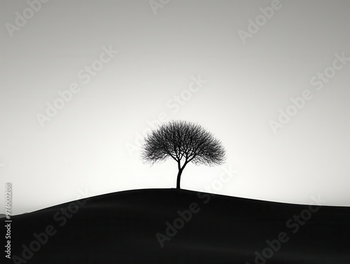 A minimalist tree silhouette in black and white, its shadow blending into the horizon at dusk tree silhouette, shadow, minimalist dusk