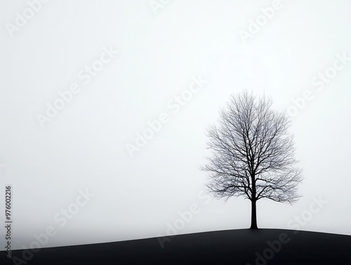 A lone tree in silhouette, casting a soft shadow across a foggy landscape, in minimalist style tree silhouette, shadow, minimalist fog