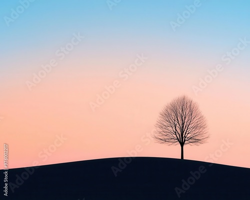 A tree silhouette at dusk, casting a long shadow across a smooth, flat plain in minimalist style tree silhouette, shadow, minimalist dusk