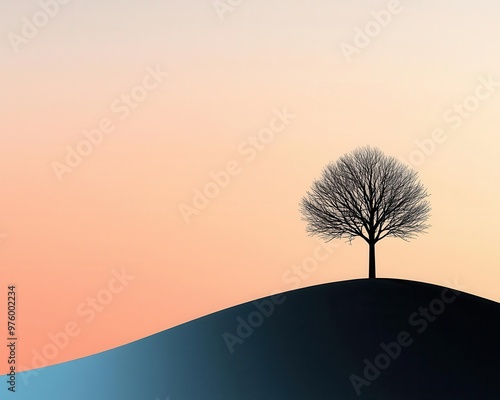 A tree silhouette at dusk, casting a long shadow across a smooth, flat plain in minimalist style tree silhouette, shadow, minimalist dusk
