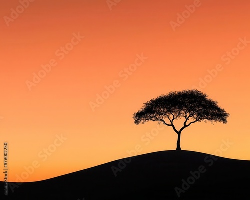 A lone tree silhouette against a sunset, its shadow stretching out across a minimalist landscape sunset tree, shadow, minimalist