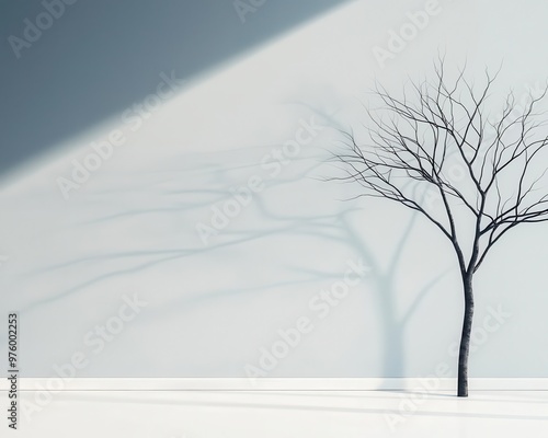 A simple tree silhouette with no leaves, its branches creating intricate shadow designs on a smooth surface tree silhouette, shadow, minimalist