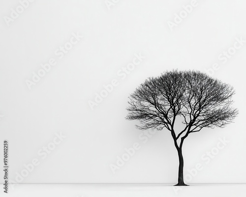 A single tree silhouette against a white backdrop, its shadow forming clean, geometric shapes tree silhouette, shadow, minimalist