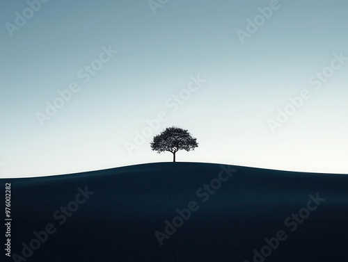 A single tree silhouette standing alone in a wide open field, casting a soft, minimalist shadow tree silhouette, shadow, minimalist