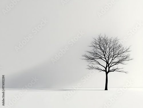 A lone tree silhouette with angular branches, casting a sharp shadow on a simple, white background tree silhouette, shadow, minimalist
