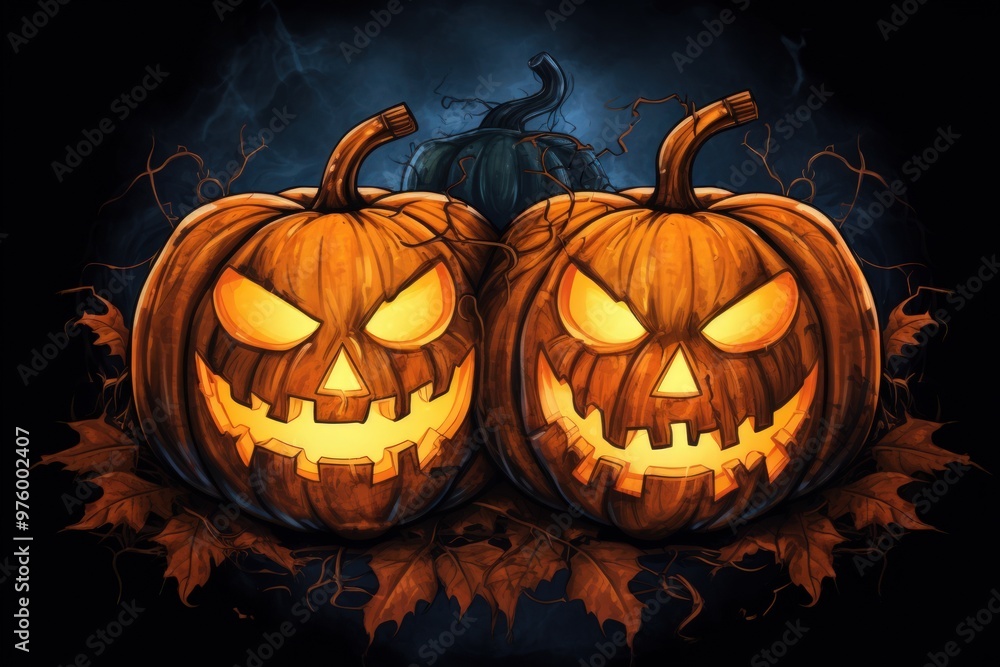 Spooky Halloween Jack-o'-Lanterns Glowing in the Dark. Spooky Halloween Jack-o'-Lanterns Glowing in the Dark.