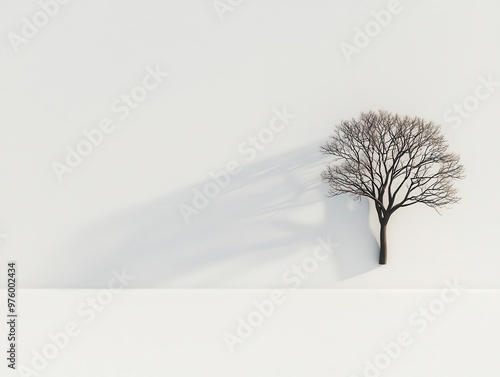 A lone tree silhouette with angular branches, casting a sharp shadow on a simple, white background tree silhouette, shadow, minimalist