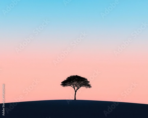 A tree silhouette at dusk, casting a long shadow across a smooth, flat plain in minimalist style tree silhouette, shadow, minimalist dusk