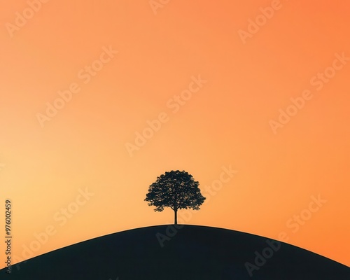 A lone tree silhouette against a sunset, its shadow stretching out across a minimalist landscape sunset tree, shadow, minimalist