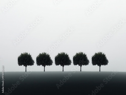 A cluster of trees in silhouette, their shadows merging in a minimalist design on a foggy morning tree silhouettes, shadow, minimalist