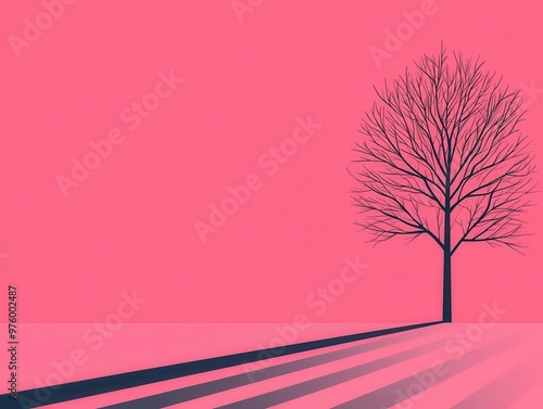 A simple, stylized tree silhouette with bold lines, casting a sharp shadow on a flat, open field stylized tree, shadow, minimalist