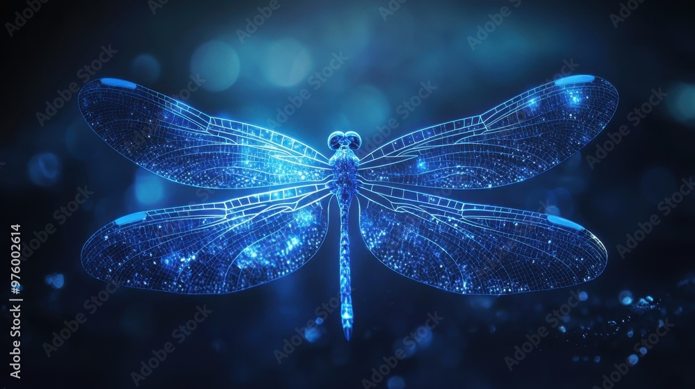 Blue dragonfly wings glowing in a mystical light, floating against a dark, captivating background with room for text. Blue dragonfly wings glowing in a mystical light, floating against a dark, captivating background with room for text.