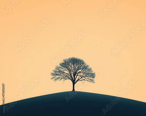 A minimalist tree silhouette on a hilltop, with its shadow stretching across a flat horizon tree silhouette, shadow, minimalist landscape