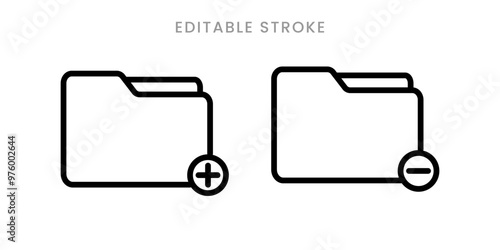 Add folder and delete folder icon vector. Folder create new, add icon and folder delete, remove, cancel icon concept outline editable stroke icon