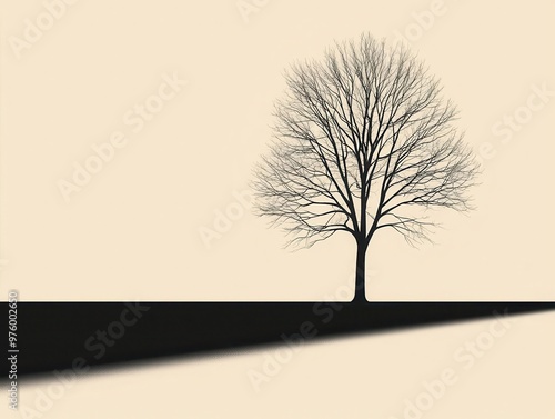 A simple, stylized tree silhouette with bold lines, casting a sharp shadow on a flat, open field stylized tree, shadow, minimalist