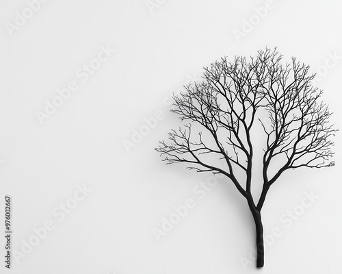 A single tree silhouette against a white backdrop, its shadow forming clean, geometric shapes tree silhouette, shadow, minimalist