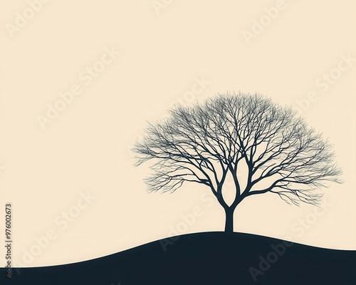 A minimalist tree silhouette on a hilltop, with its shadow stretching across a flat horizon tree silhouette, shadow, minimalist landscape