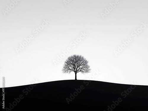 A minimalist tree silhouette in black and white, its shadow blending into the horizon at dusk tree silhouette, shadow, minimalist dusk