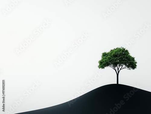 A lone tree in silhouette, casting a soft shadow across a foggy landscape, in minimalist style tree silhouette, shadow, minimalist fog