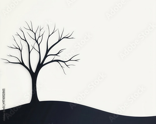 A solitary tree silhouette with spreading branches, casting a defined shadow across a blank horizon tree silhouette, shadow, minimalist