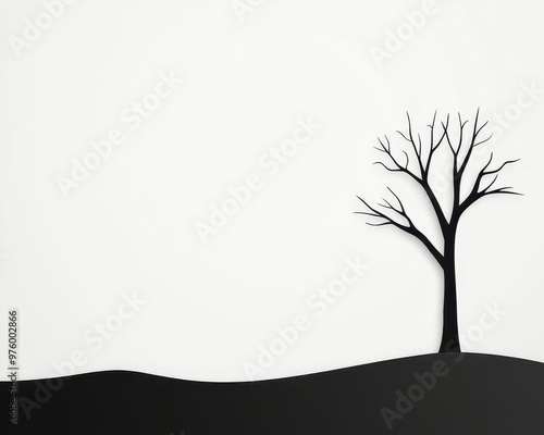 A solitary tree silhouette with spreading branches, casting a defined shadow across a blank horizon tree silhouette, shadow, minimalist