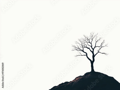 A lone tree in silhouette on a rocky outcrop, casting a sharp shadow on the ground below tree silhouette, shadow, minimalist rock