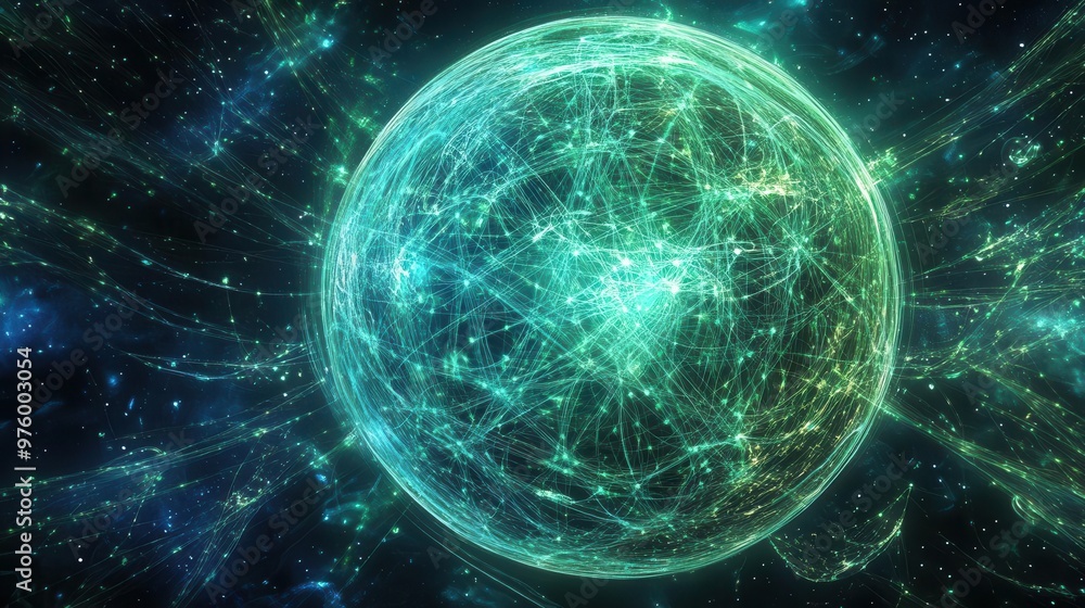 Obraz premium ethereal planetary sphere enveloped by luminous neural network radiant blue and green energy lines form intricate grid patterns celestial backdrop with distant stars