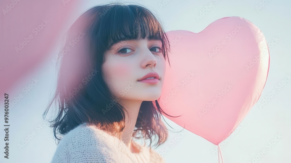 ethereal portrait of dreamy young woman oversized pink heart floating before her soft focus halo effect pastel color palette minimalist valentines day aesthetic ethereal portrait of dreamy young woman oversized pink heart floating before her soft focus halo effect pastel color palette minimalist valentines day aesthetic