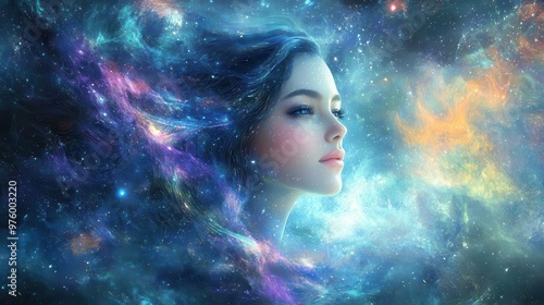 ethereal portrait of a woman with flowing hair made of light streams digital particles forming facial features surrounded by swirling auroralike colors in a cosmic setting