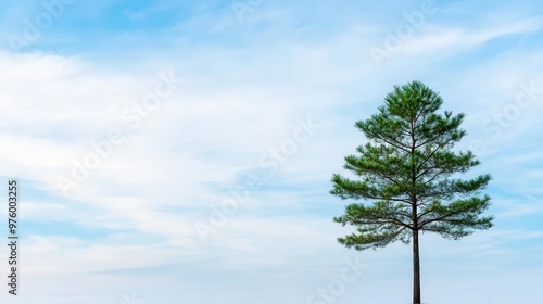 A minimalist pine tree silhouette against a cloudy sky, with its shadow creating clean lines on the ground pine tree, shadow, minimalist