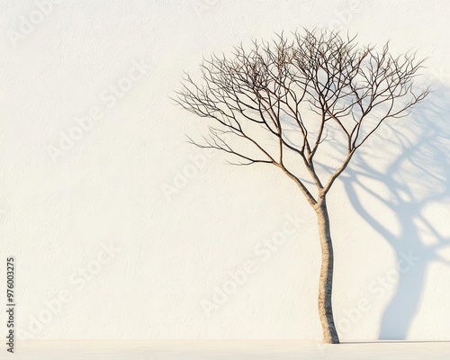 A tree with sparse branches in silhouette, its shadow forming intricate shapes on a smooth, white wall tree silhouette, shadow, minimalist urban