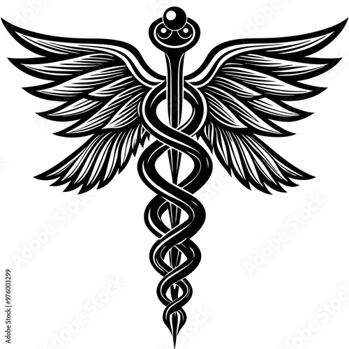 caduceus medical symbol.Emergency Services Star With Rod Of Aesculapius Illustration - VECTOR.Cadeus Medical medecine pharmacy doctor acient high detailed symbol. Vector hand drawn black linear tho sn