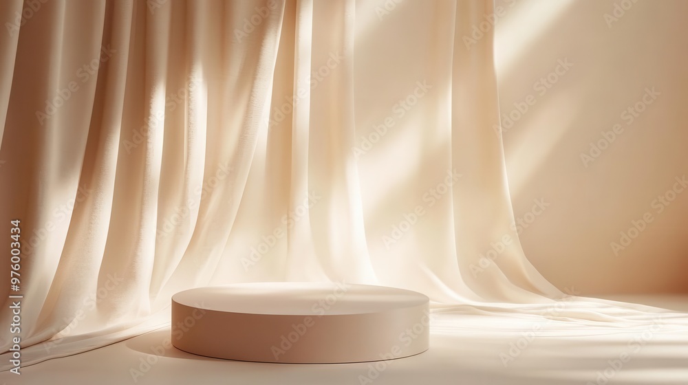 ethereal product display podium floating in dreamy pastel space soft beige cylindrical platform with billowing silk curtains casting gentle shadows minimalist luxury aesthetic with subtle glow ethereal product display podium floating in dreamy pastel space soft beige cylindrical platform with billowing silk curtains casting gentle shadows minimalist luxury aesthetic with subtle glow