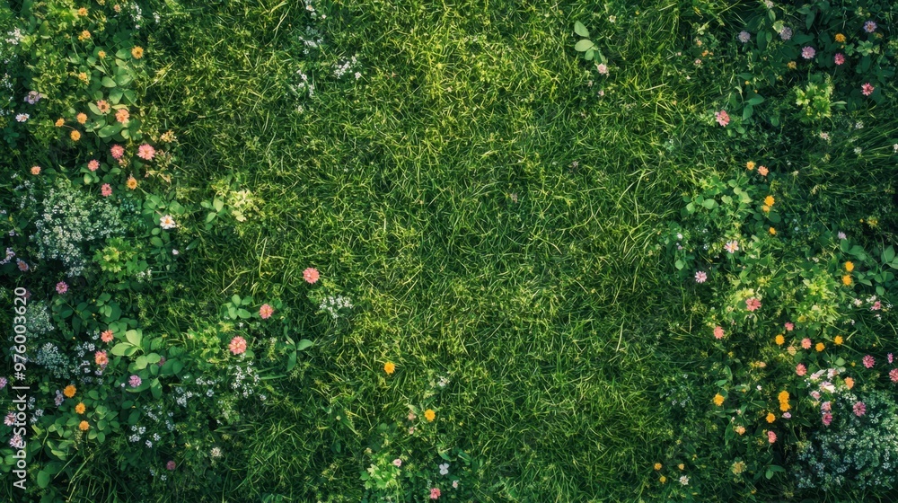 Bright green grass and colorful wildflower meadow viewed from above, ideal for nature and outdoor backgrounds. Bright green grass and colorful wildflower meadow viewed from above, ideal for nature and outdoor backgrounds.