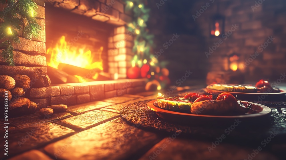 A cozy scene featuring delicious food plates beside a glowing fireplace, creating a warm and inviting atmosphere. A cozy scene featuring delicious food plates beside a glowing fireplace, creating a warm and inviting atmosphere.